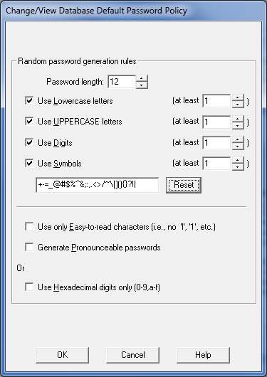Edit database default password Policy dialog