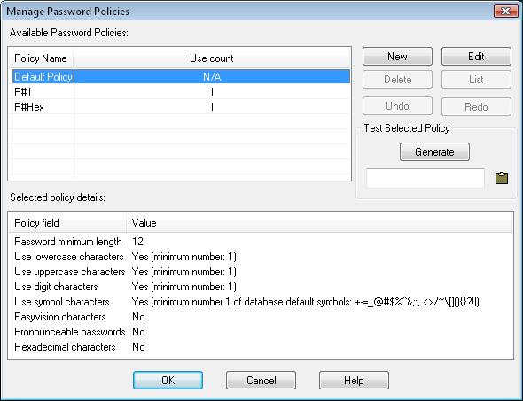 Named Password Policies dialog